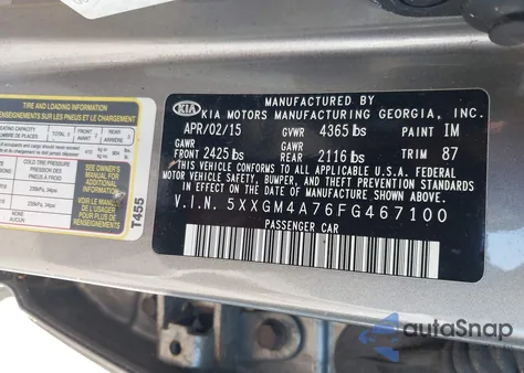 2015 Kia Optima Lx z USA, uszkodzony, nr VIN 5XXGM4A76FG467100